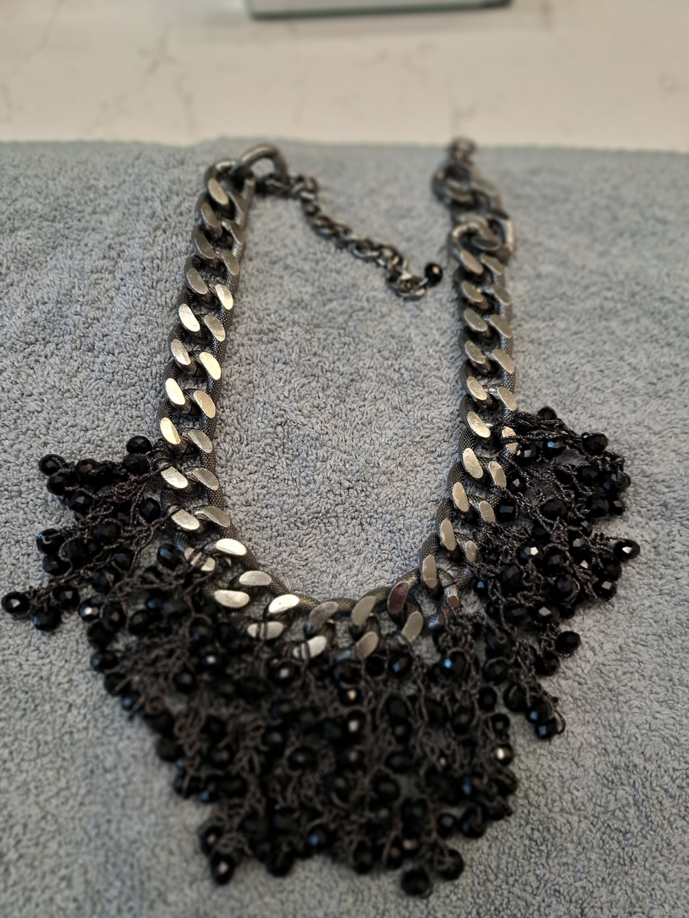 Cache Stylish Black Beaded Gun Metal Chain Statement Necklace